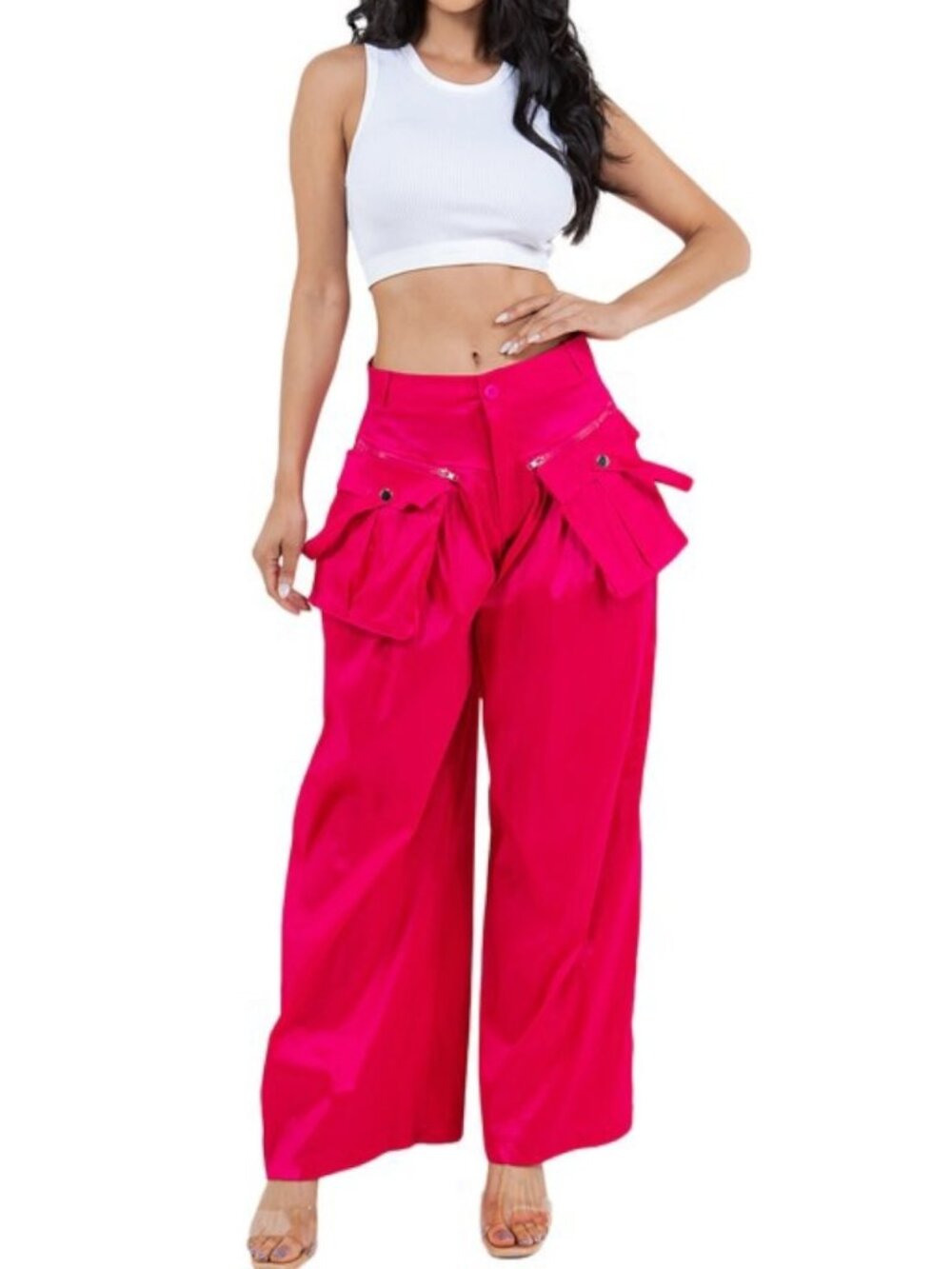 Women Palazzo Cargo Pants Bright Magenta Size S XL Stretch High Rise Wide Leg